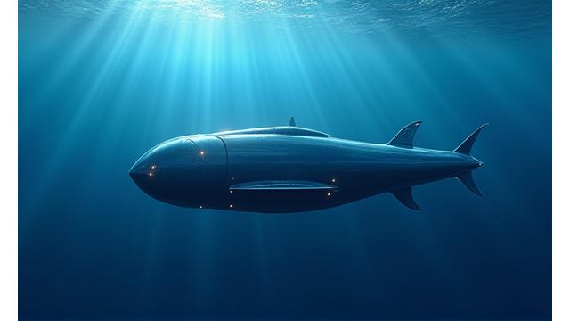 深海を遊泳する魚型に近い流線型の自律型無人潜水機(AUV)