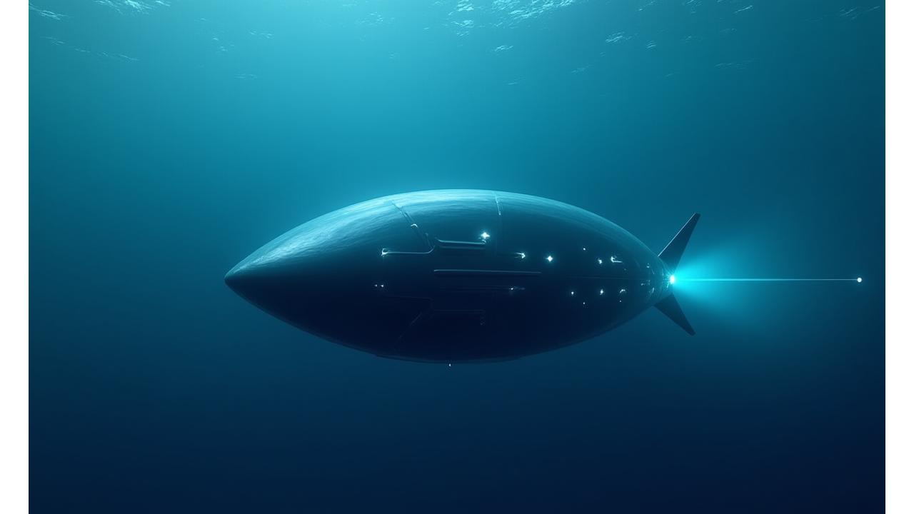 深海を航行する先進的な自律型無人潜水機(AUV)が、センサーで周囲の環境データを収集している様子