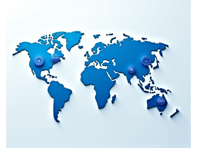 世界地図の上に、様々な国際認証ロゴ(HACCP, ISO, MSCなど)と各国の国旗(EU, USA, Chinaなど)が配置され、それらがブロックチェーンでつながっているイメージ。